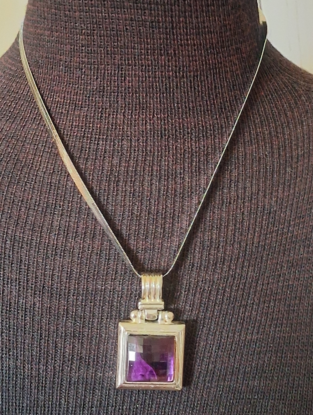 Silvertone Faux Amethyst Pendant Necklace - Purple On Herringbone Chain